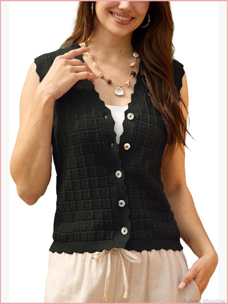 Waffle Knit Sleeveless V Neck Cardigan Sweater Vest Casual Top